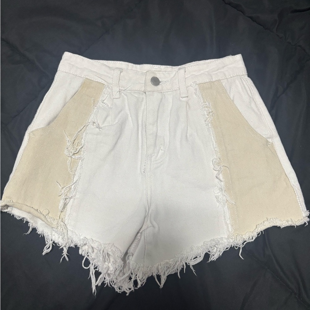 Women's White and Tan Frayed Denim Shorts